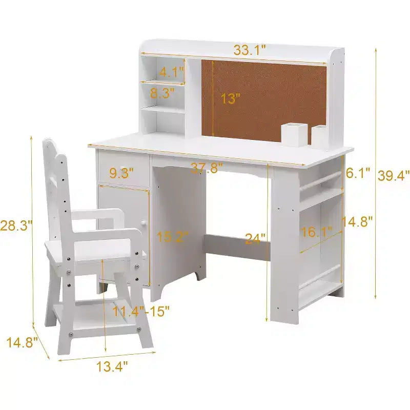 Scrivania per bambini, set scrivania e sedia per ragazzi e ragazze, tavolo da scrittura per bambini in legno con libreria, bacheca, armadietto e cassetto per età 3-8