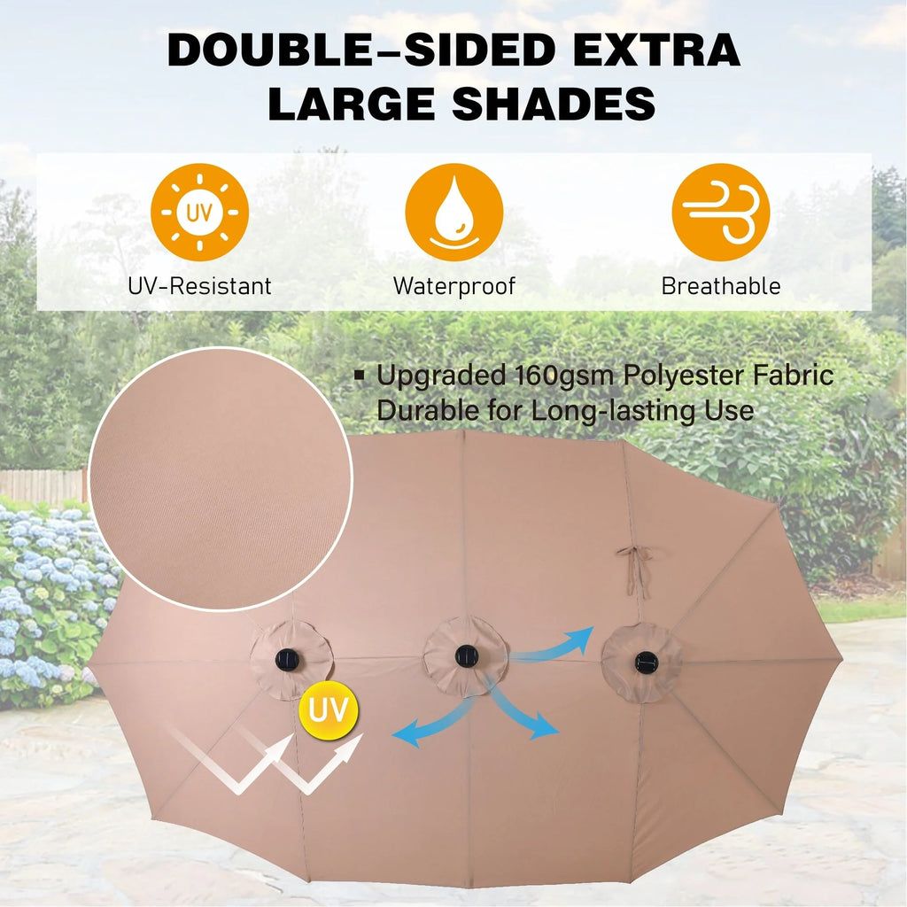 Ombrellone da esterno rettangolare con manovella, a doppia faccia, da 4,5 metri, con luci a LED solari e base inclusa