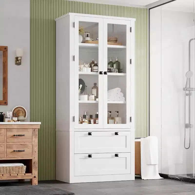 Dispensa da Cucina Coloniale con Ante in Vetro, Armadio Contenitore da 72 pollici con Cassetti e Ripiani Regolabili per Sala da Pranzo Bagno Soggiorno