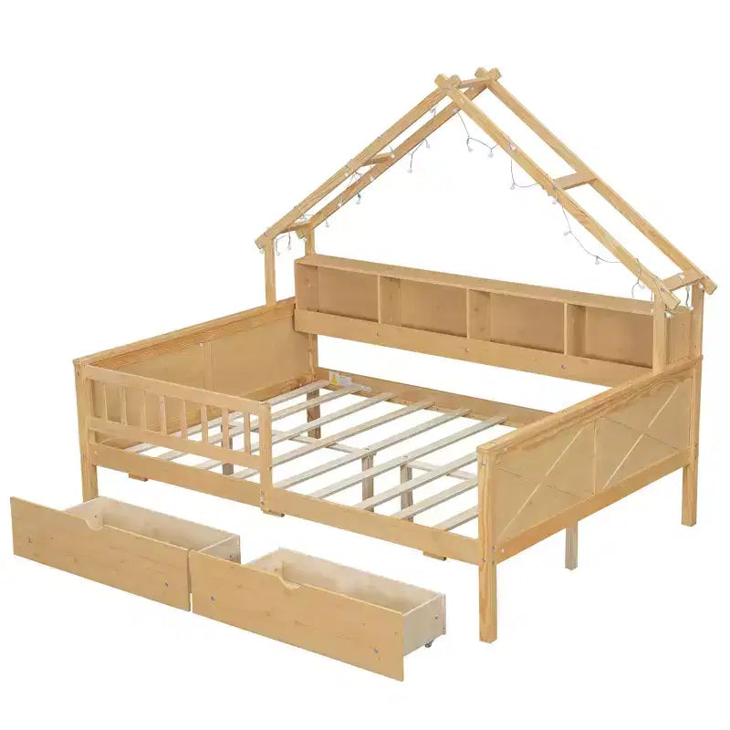 Struttura letto a casetta a grandezza naturale con cassetti, letto a piattaforma a casetta con luci LED, mensole e cassetti portaoggetti, divano letto in legno con tetto e sponda