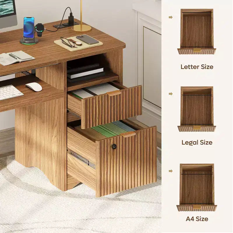 Scrivania Smart Bestier 55 per computer, scrivania da scrittura in rovere con cassetti portadocumenti e presa di corrente, scrivania direzionale con vani a giorno e vassoio per tastiera