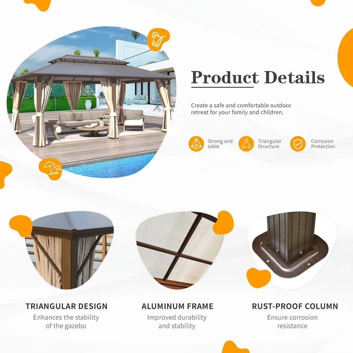 EROMMY Gazebo a tetto rigido, Pergola da esterno con doppio tetto, zanzariere e tende, Tenda da sole resistente per patio, cortile, feste in piscina