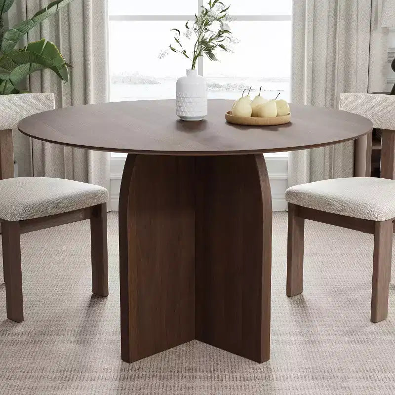 Table à manger ronde PexFix 45 x 45 en bois massif avec finition noyer et pieds arqués élégants pour salles à manger et cuisines modernes