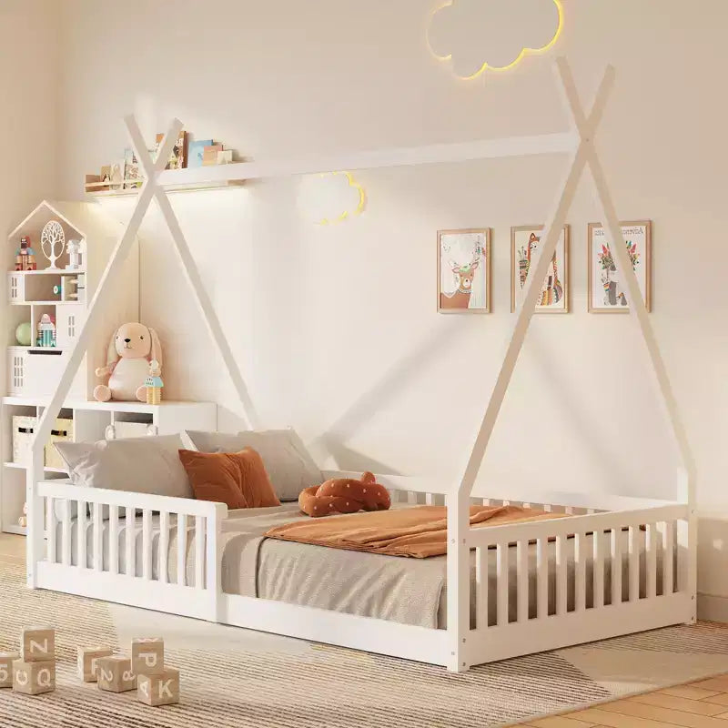 Letto a pavimento per bambini, letti a tenda a una piazza, letto a pavimento Montessori con doghe e sponde di protezione, struttura letto a casetta in legno per ragazzi e ragazze