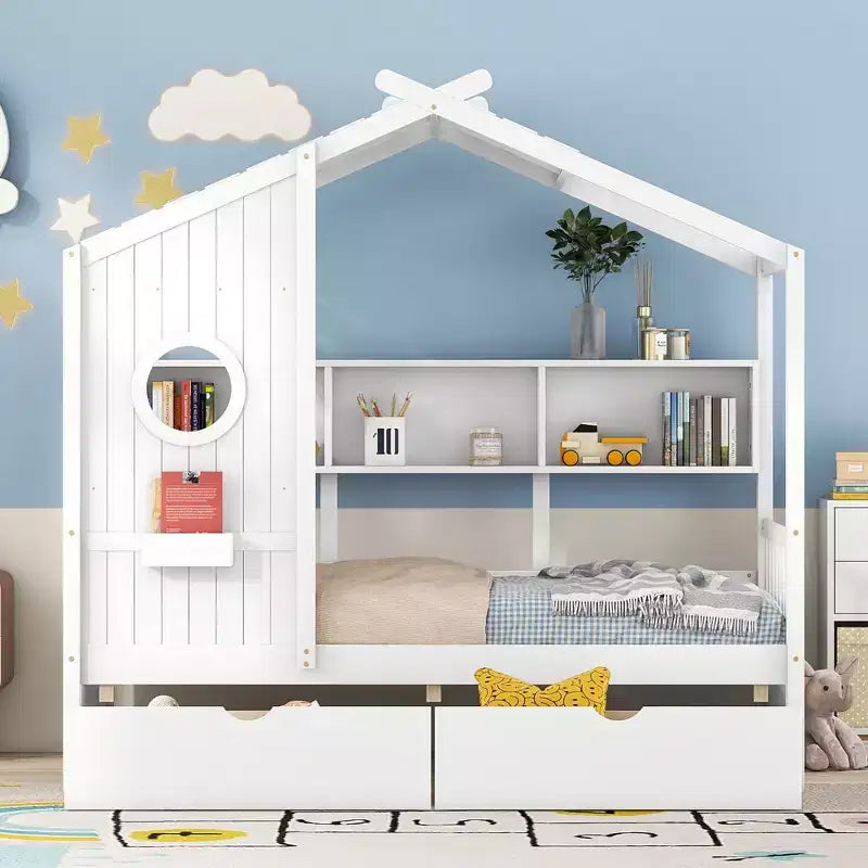 Letto a casetta in legno per bambini, piazza singola/matrimoniale, con 2 cassetti e ripiano portaoggetti - ModernLuxe