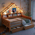 Struttura letto a casetta a grandezza naturale con cassetti, letto a piattaforma a casetta con luci LED, mensole e cassetti portaoggetti, divano letto in legno con tetto e sponda
