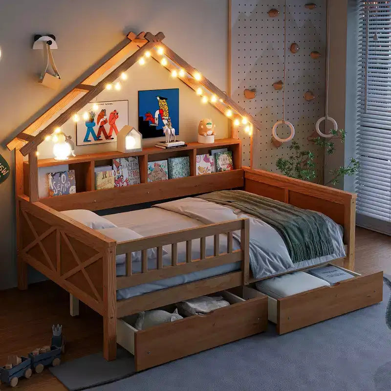 Cadre de lit maison pleine grandeur avec tiroirs, lit plate-forme maison avec lumières LED, étagères de rangement et tiroirs, lit de repos en bois avec toit et garde-corps