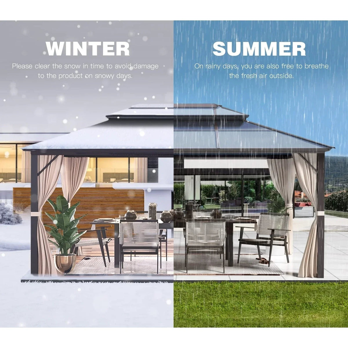EROMMY Gazebo a tetto rigido, Pergola da esterno con doppio tetto, zanzariere e tende, Tenda da sole resistente per patio, cortile, feste in piscina