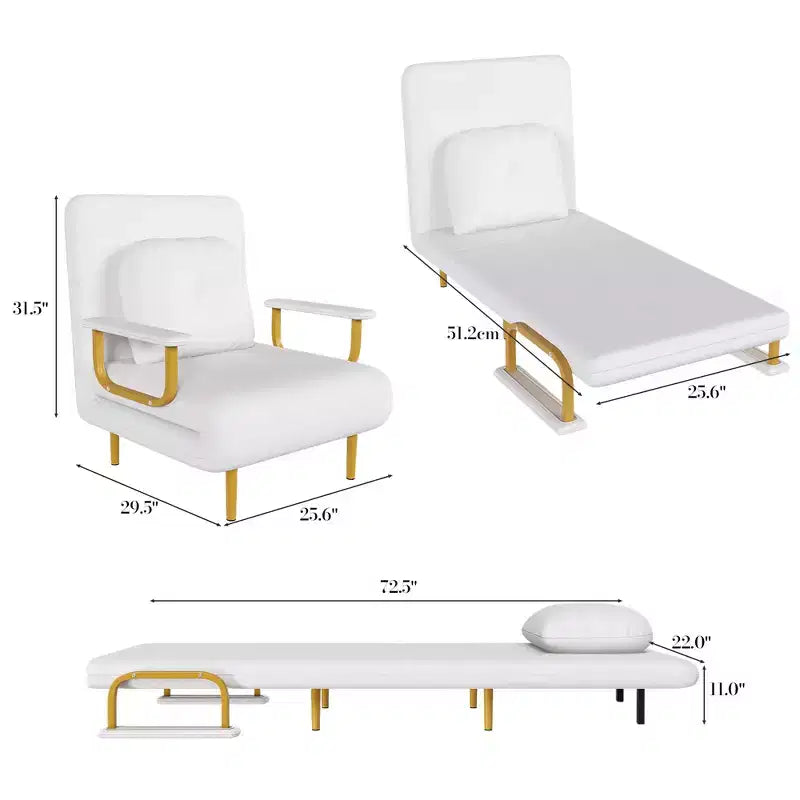 Divano Letto Pieghevole 3-in-1 Convertibile in Poltrona - Schienale Regolabile in 5 Posizioni con Cuscino, Salvaspazio per Soggiorno, Camera da Letto e Ufficio (Bianco)