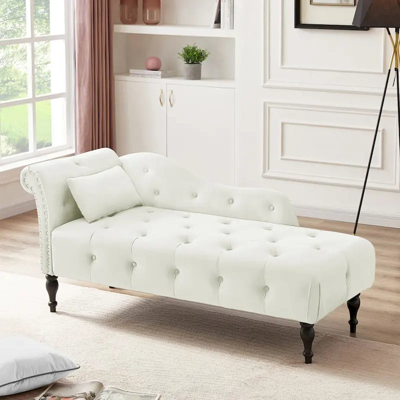Moderna poltrona a sdraio imbottita in velluto da 60,6" con bottoni capitonné, gambe in legno massello e borchie