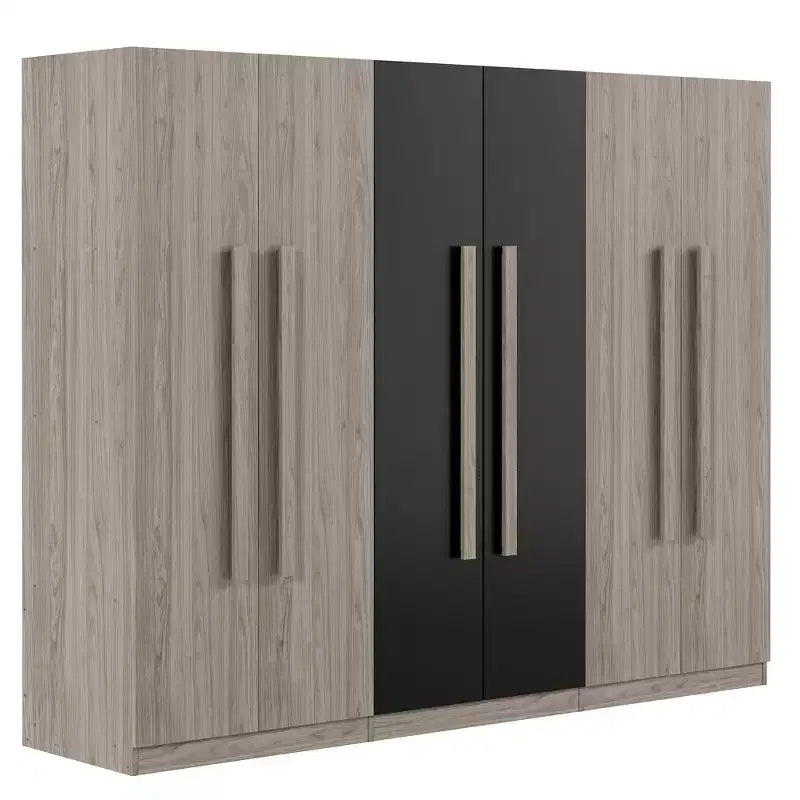 Armadio a 6 ante con 2 cassetti, binari appendiabiti e ripiani, nero+naturale - ModernLuxe