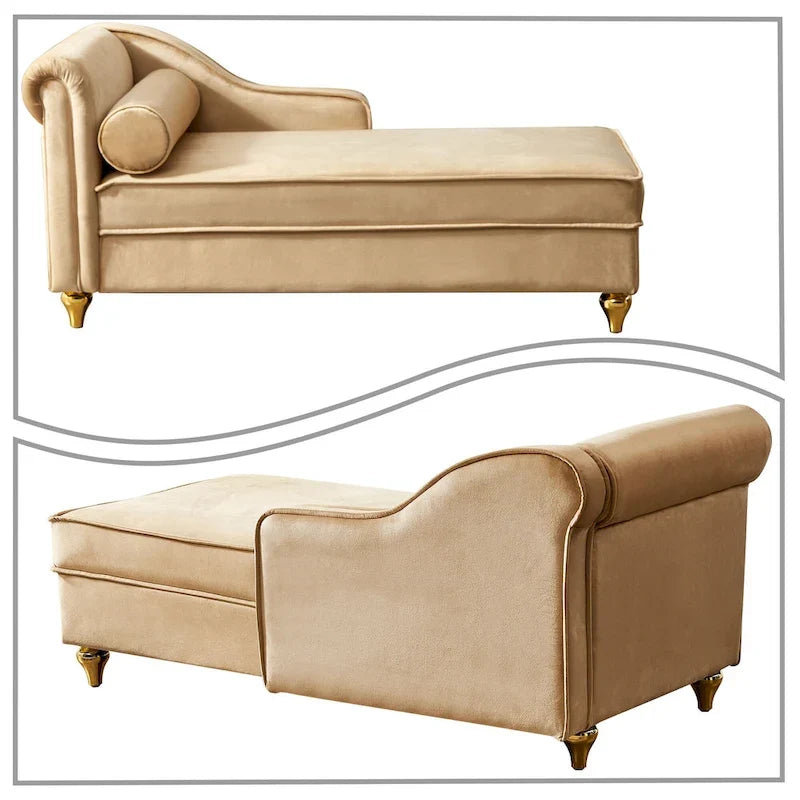 Sedia lunga da salotto francese elegante in velluto imbottito con cuscino e vano portaoggetti
