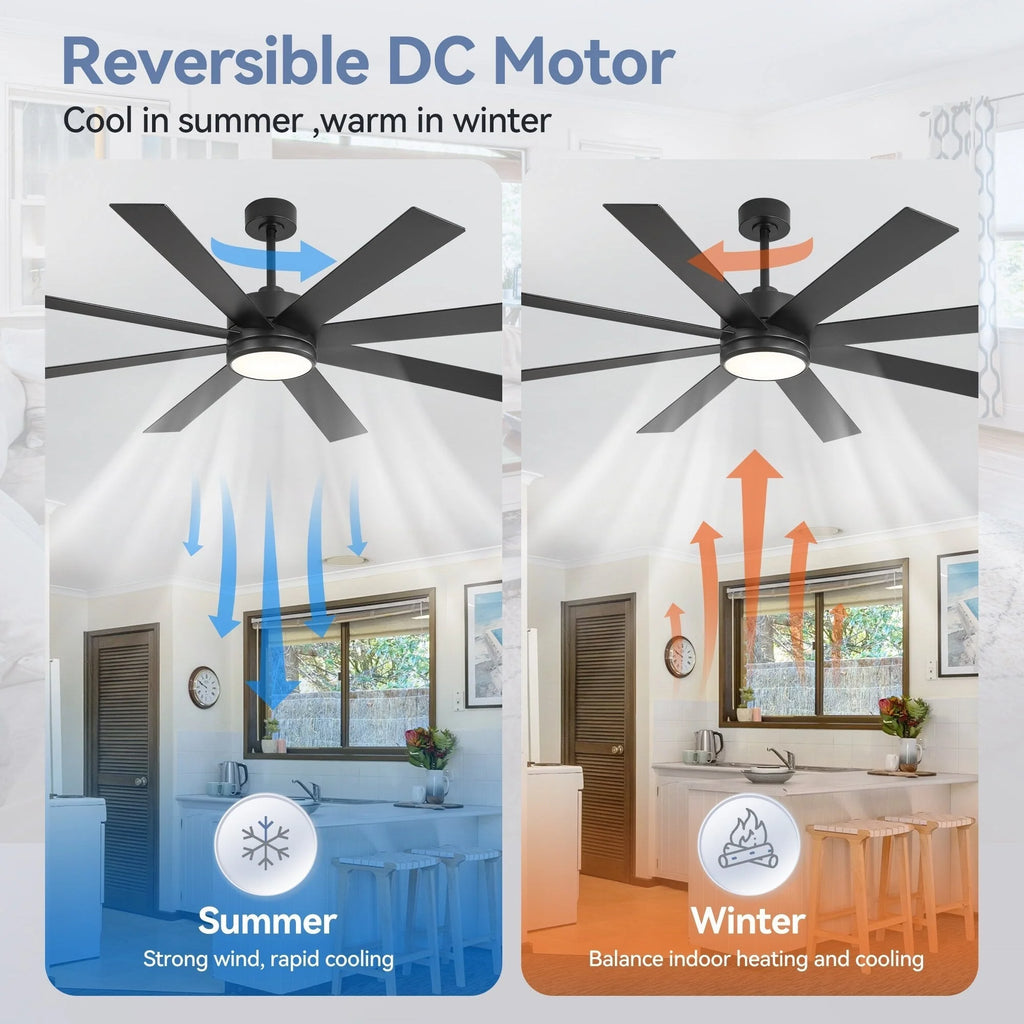 Ventilatore da soffitto nero da 65 pollici a 8 pale con luce LED e telecomando