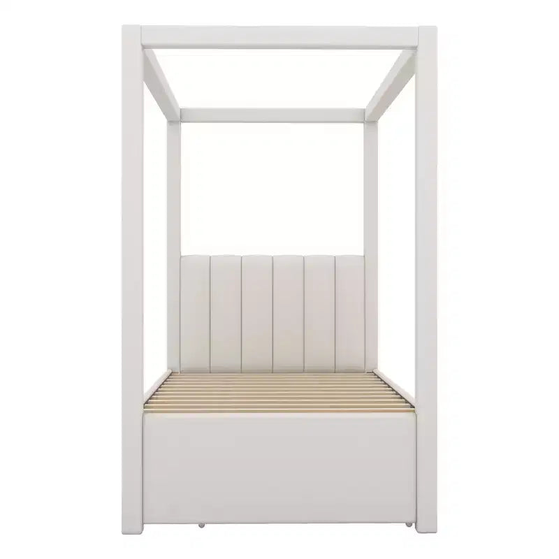 Letto a baldacchino a piattaforma imbottito in lino, matrimoniale, con letto estraibile e tre cassetti portaoggetti