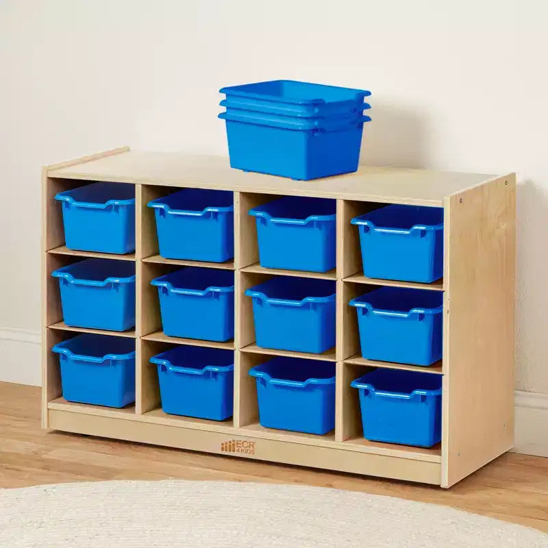 Mobile Cubby con vassoio e 15 contenitori frontali a paletta, 3x4, Arredamento per bambini