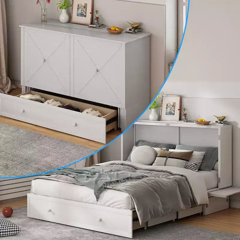 Mjkone Letto a Scomparsa Matrimoniale, Letto a Cassetti a Cubo con Stazione di Ricarica e Spazio Contenitore