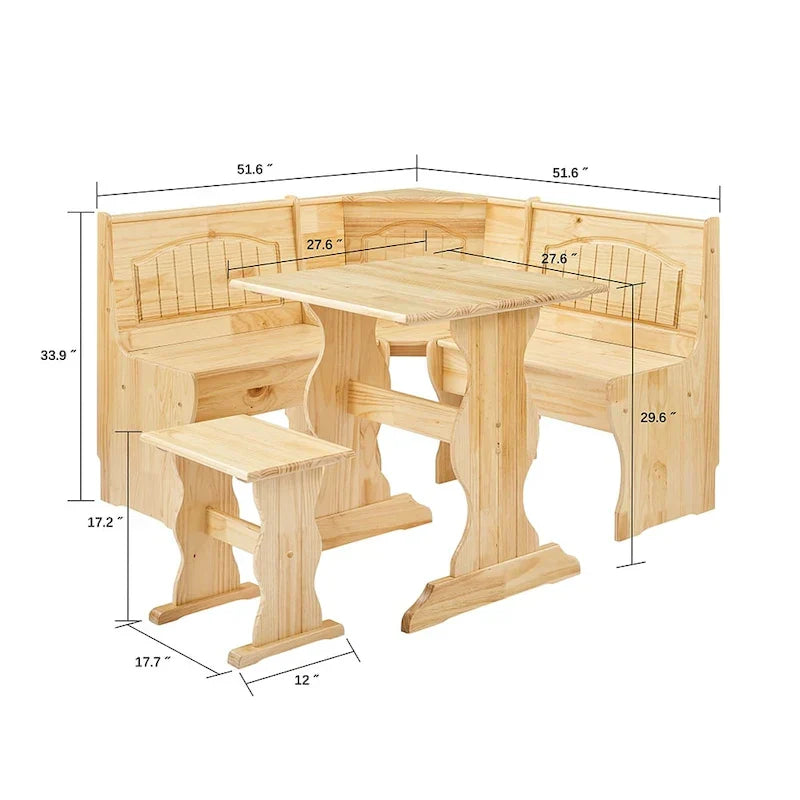 MUSEHOMEINC Set da Pranzo ad Angolo Nook in Stile Tradizionale a 3 Pezzi in Legno Massello con Panca Laterale, Set Tavolo Angolare con Contenitore Nascosto