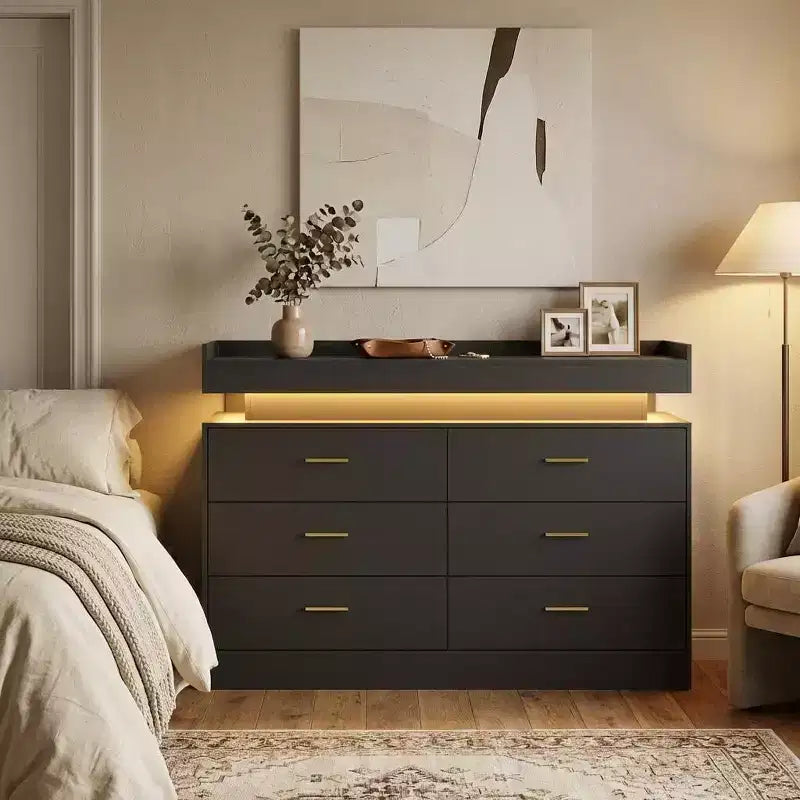 Meuble TV moderne avec 6 tiroirs et lumières LED, bar à café flottant pour centre de divertissement de salon