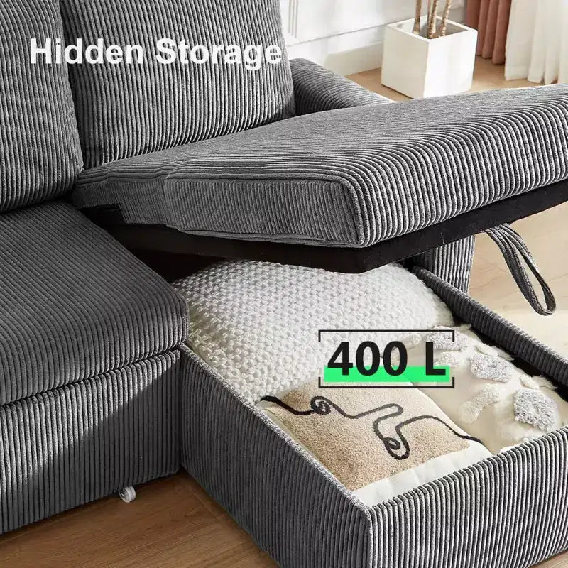 Divano Letto Estraibile 2 in 1 Dyonery con Chaise Longue Contenitore e USB, Divano Angolare in Velluto a Coste per Soggiorno