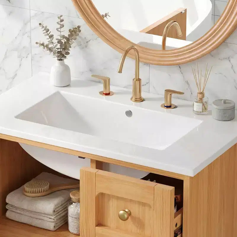 Mobile lavabo JVNOXK da 30 pollici, rustico e moderno, in ceramica, con 3 cassetti e 1 anta grande con chiusura ammortizzata, mobile contenitore, venatura del legno naturale