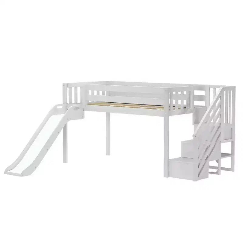 Letto a soppalco basso per bambini con scivolo e scale, in legno massiccio, 14 sponde protettive, capacità 180 kg