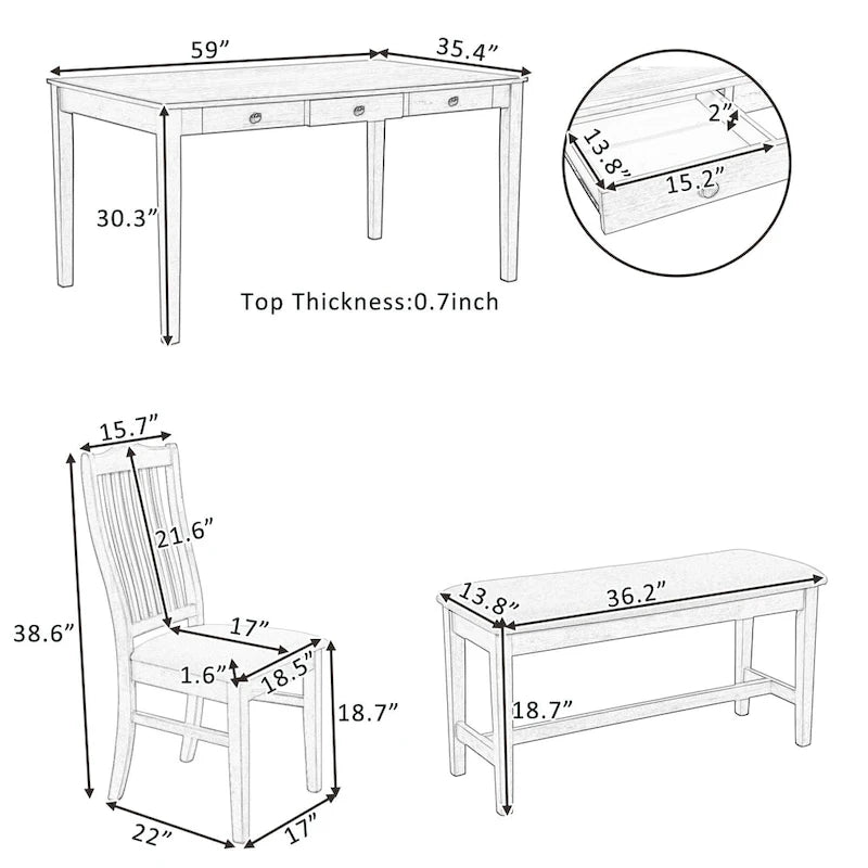 Set da pranzo di 6 pezzi in legno con 4 sedie e panca, tavolo con cassetto