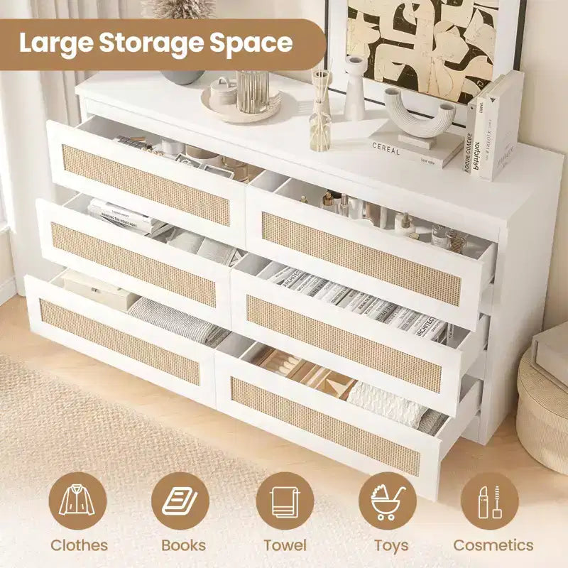 Cassettiera in Rattan per Camera da Letto con 6 Cassetti, Comò Largo Moderno in Stile Fattoria da 120 cm, Mobile Contenitore in Legno per Armadio, Soggiorno, Corridoio