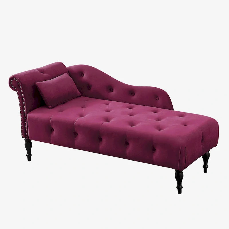 Moderna poltrona a sdraio imbottita in velluto da 60,6" con bottoni capitonné, gambe in legno massello e borchie