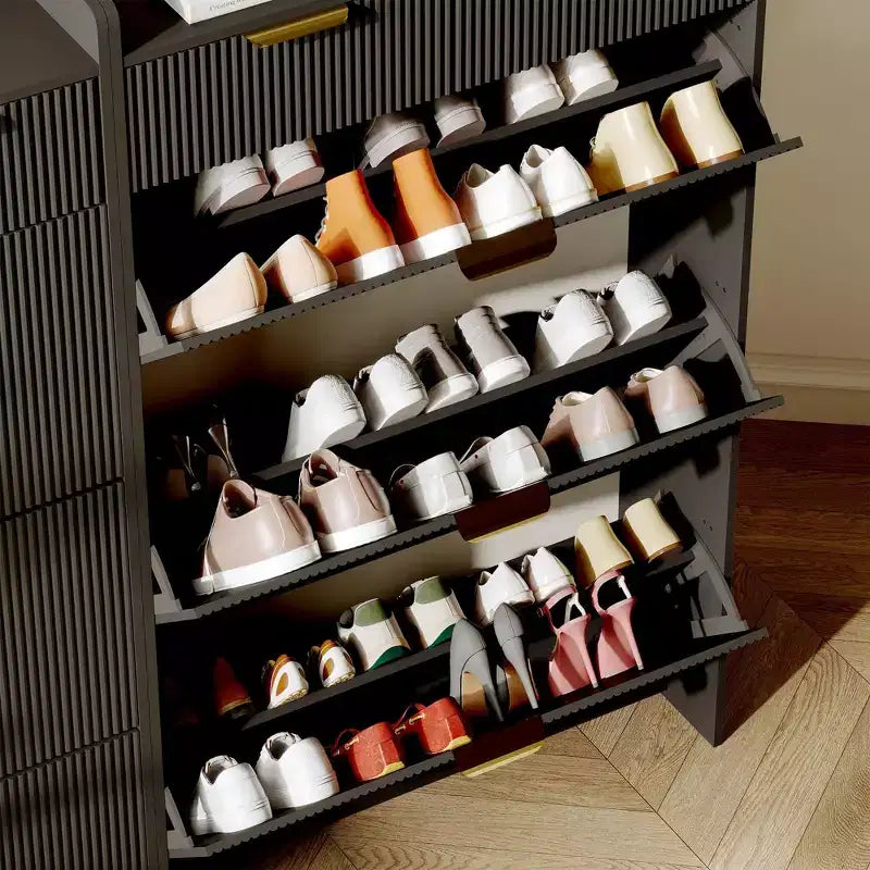 Moderna scarpiera bianca con 3 cassetti a ribalta e 2 cassetti piccoli e gancio, porta scarpe sottile scanalato, mobile stretto per ingresso