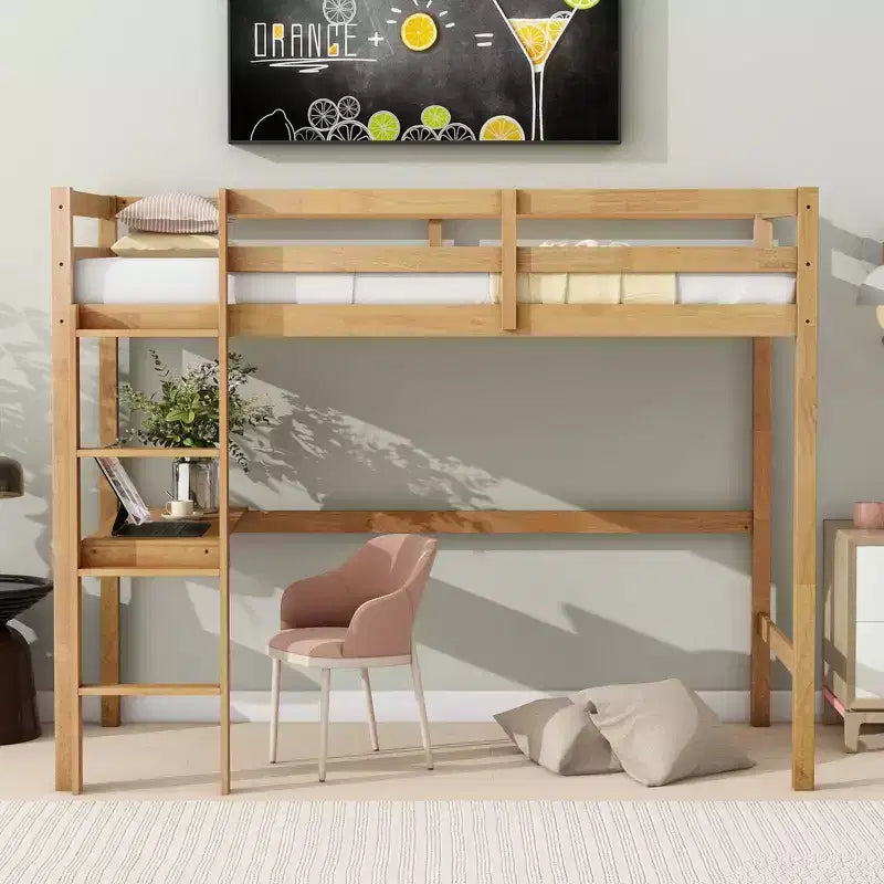 Letto a soppalco Okak Minimalism con scaletta, letto a soppalco singolo in legno di gomma con spondina di sicurezza e scrivania integrata, telai per letti per bambini, ragazzi