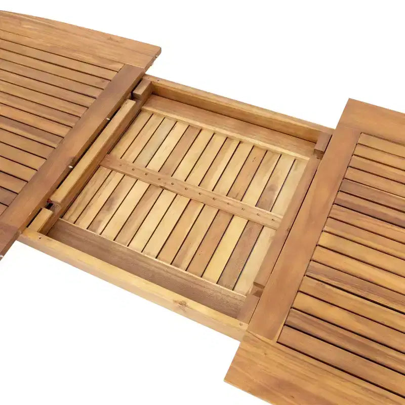 Set da pranzo da esterno allungabile da 7 pezzi con sedie impilabili, tavolo in legno di acacia
