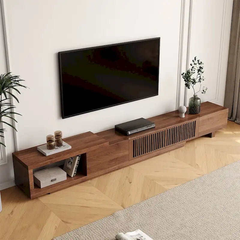 Mobile TV moderno allungabile e retrattile con 4 cassetti, fino a 261 cm - 78,54P x 15,74L x 13,78A