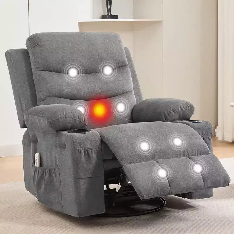 Fauteuil Inclinable Pivotant avec Massage et Chaleur, Fauteuil à Bascule 360° avec Porte-Gobelets et Poches Latérales, Canapé Ergonomique pour Salon, Camping-car, Chambre de Bébé