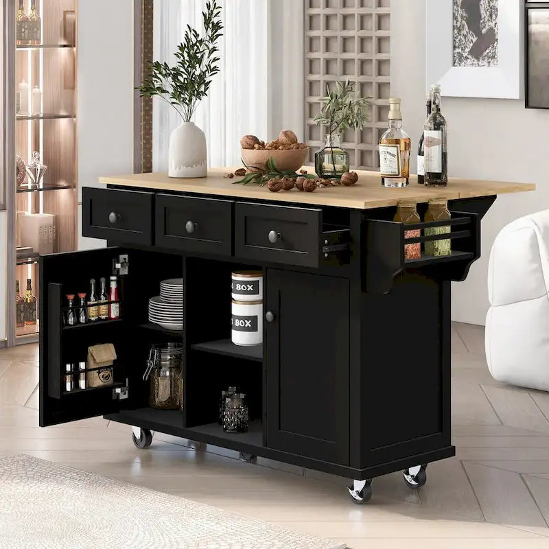 Carrello da Cucina con Piano a Ribalta in Legno di Gomma