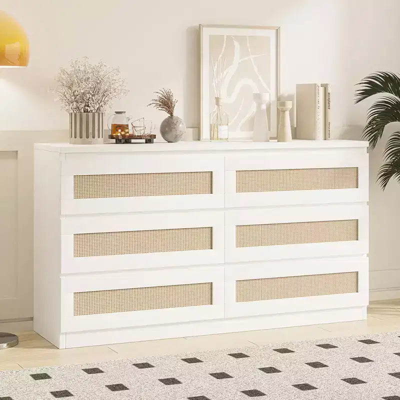 Commode en rotin pour chambre à coucher avec 6 tiroirs, 47 commode large moderne de style ferme, armoire de rangement en bois pour placard, salon, couloir