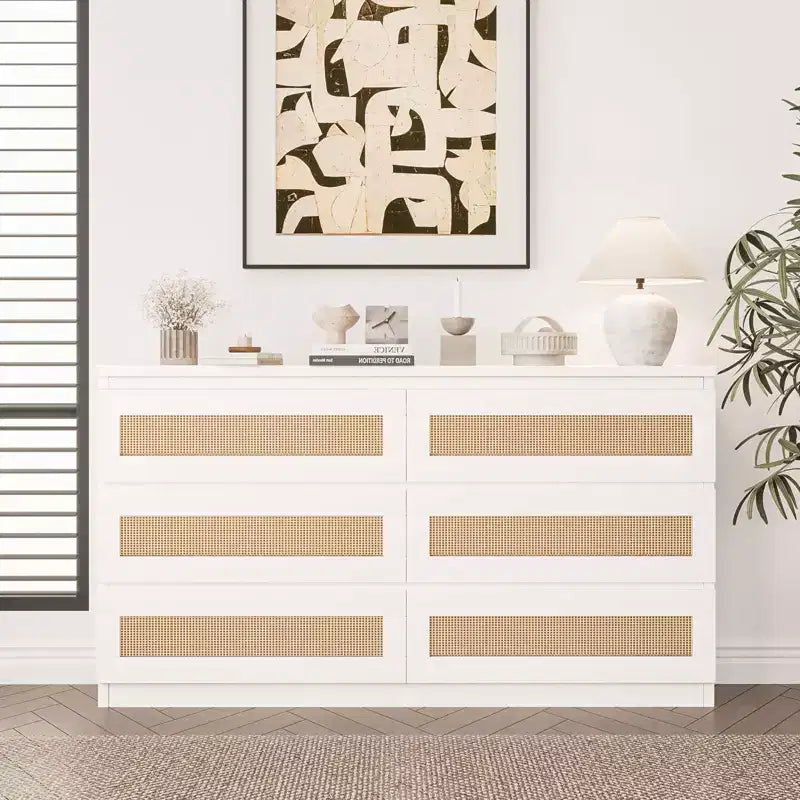 Cassettiera in Rattan per Camera da Letto con 6 Cassetti, Comò Largo Moderno in Stile Fattoria da 120 cm, Mobile Contenitore in Legno per Armadio, Soggiorno, Corridoio