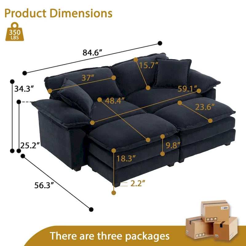 Divano a 2 posti con 2 cuscini, 2 guanciali e 2 pouf, divano confortevole - Divano profondo da soggiorno, divano modulare