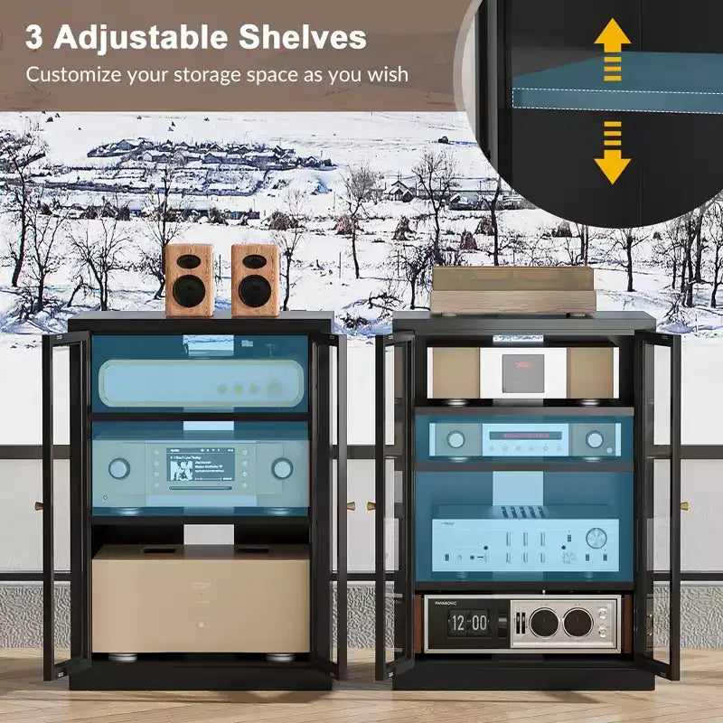 Bekrvio Mobiletto in Metallo, Mobile Stereo a 4 Livelli con Ante in Vetro e Ripiani Regolabili, Rack Audio AV con Gestione Cavi