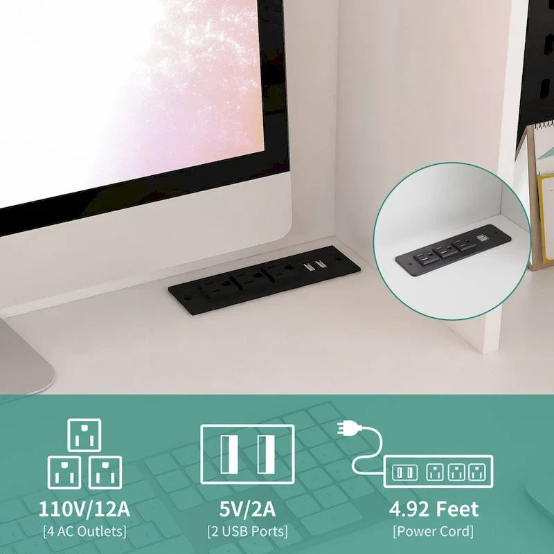 Scrivania a L con presa di corrente, scrivania per computer con cassetti, libreria e mobiletto, scrivania angolare moderna, scrivania per ufficio domestico