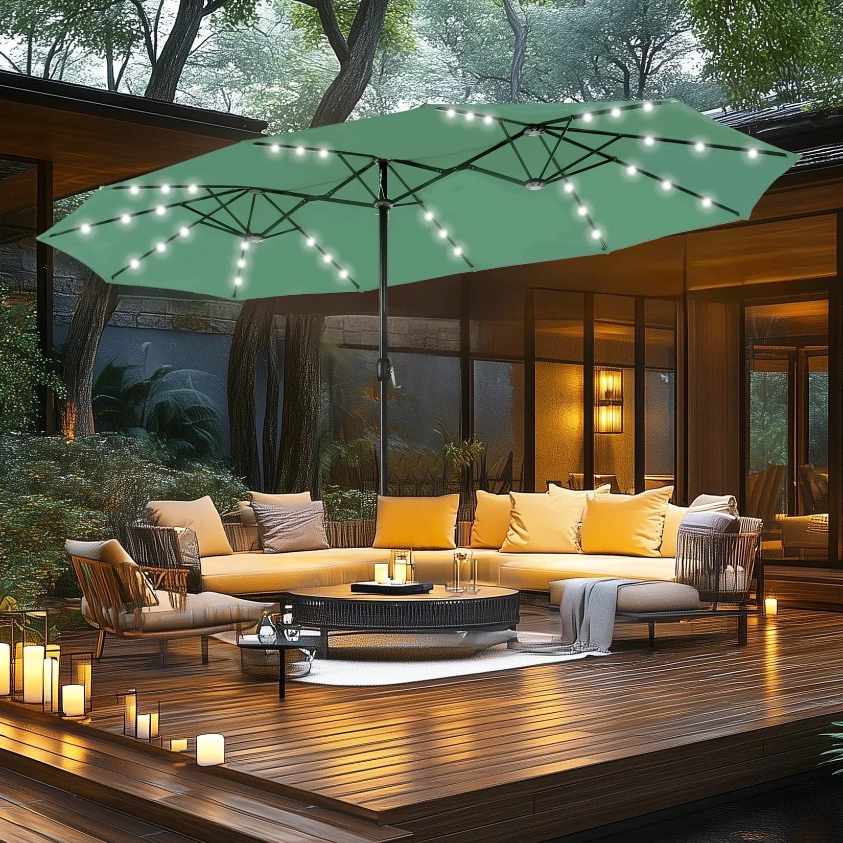 MAISON ARTS Ombrellone rettangolare da esterno a manovella con doppia falda da 4,5 metri, con luci a LED solari e base inclusa
