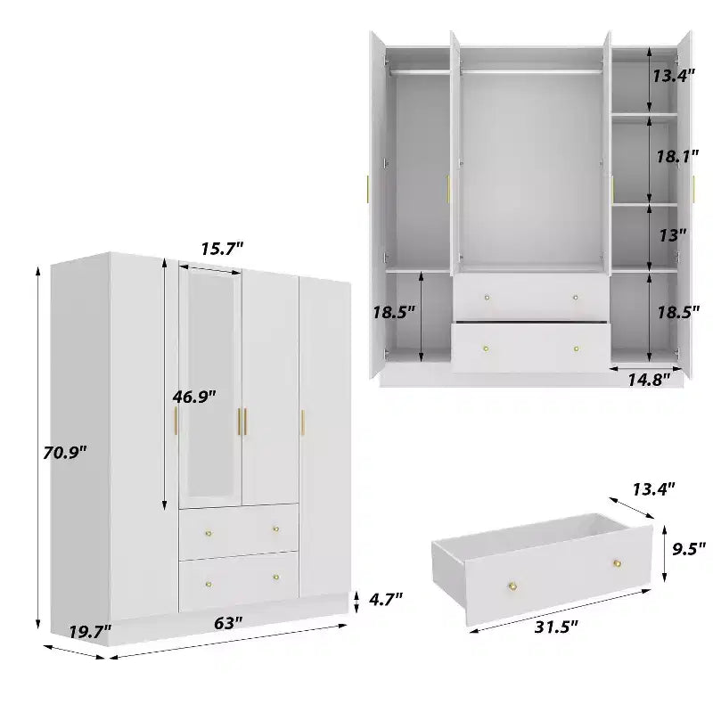 Hitow Armadio 2 Cassetti Grandi Zona Centrale Appendiabiti con Specchio Stile Minimalista