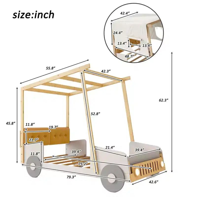Letto a forma di Auto Whisen in Legno con Cuscino, Baldacchino in Tessuto e LED - Naturale