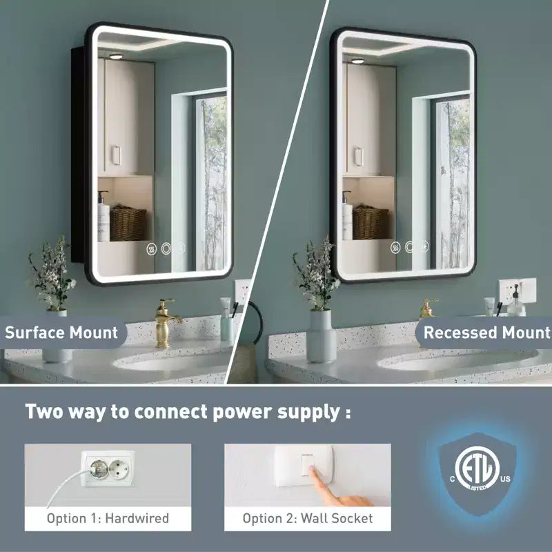 Mobiletto a specchio a LED nero/bianco/oro, anta singola, cerniera sinistra o destra, a incasso o a parete