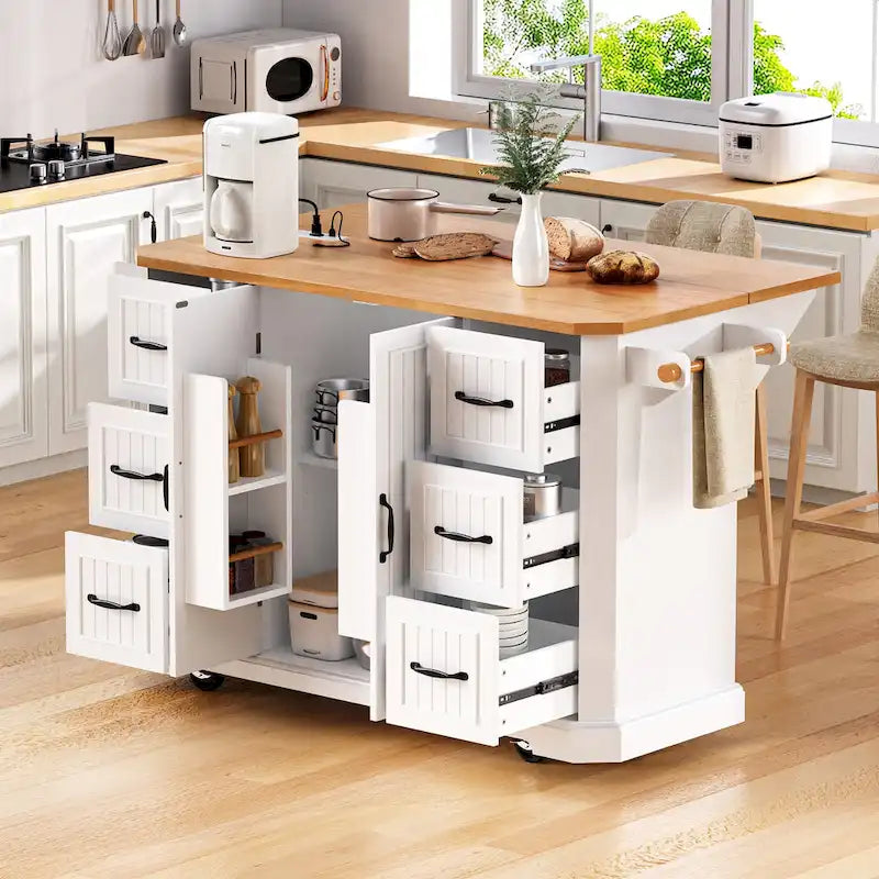 Isola Cucina Espandibile con Ante a Scomparsa, Carrello Cucina su 4 Ruote con Presa Elettrica, Tavolo Isola Mobile con 2 Ante e 6 Cassetti