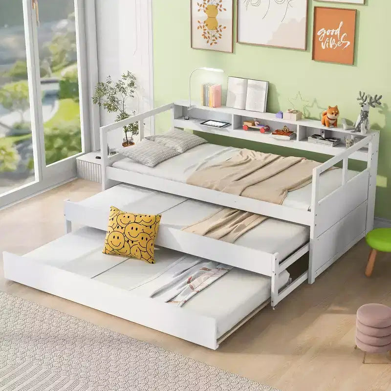 Whisen Twin XL Daybed in Legno con 2 Letti Estraibili, 3 Vani portaoggetti, 1 Luce Gratuita e USB per la Ricarica