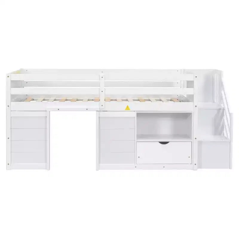 Letto a soppalco basso in legno massiccio, piazza e mezza, 94.6L x 42.3W, con scala, cassetto e mensola, design moderno e pulito