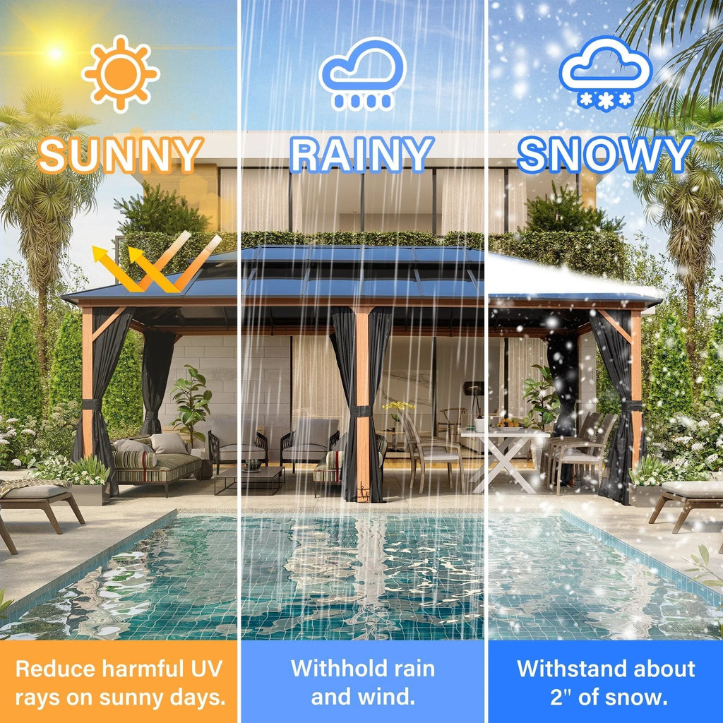EROMMY Gazebo a tetto rigido, Pergola da esterno con doppio tetto, zanzariere e tende, Tenda da sole resistente per patio, cortile, feste in piscina