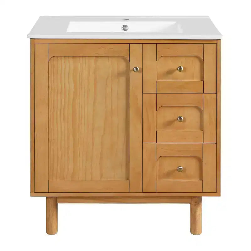 Mobile lavabo JVNOXK da 30 pollici, rustico e moderno, in ceramica, con 3 cassetti e 1 anta grande con chiusura ammortizzata, mobile contenitore, venatura del legno naturale