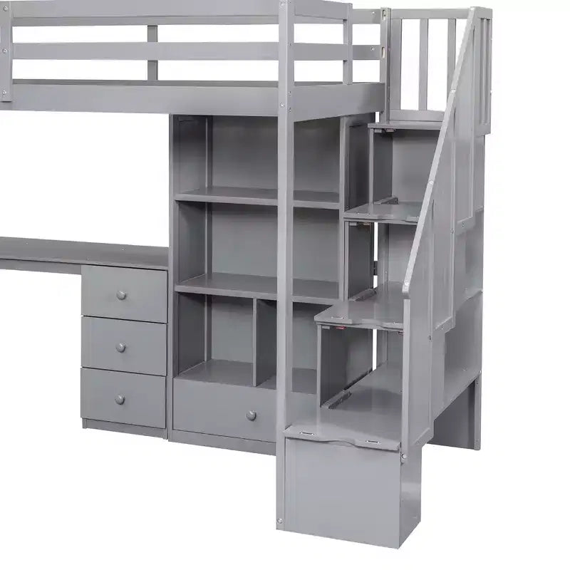 Letto a soppalco singolo con scrivania a L, 3 cassetti, armadio, contenitore per scale, struttura in pino massiccio/MDF
