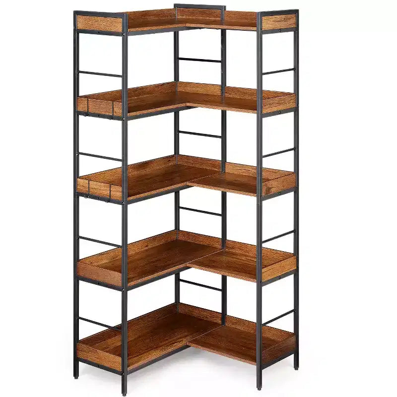 Étagère d'angle en forme de L à 5 niveaux Bibliothèque industrielle en bois et métal de 165 cm (Marron rustique) Rangement réversible pour salon, chambre et bureau à domicile